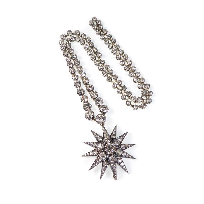 Graduated diamond long riviere necklace, together with a diamond star cluster pendant-brooch | MasterArt